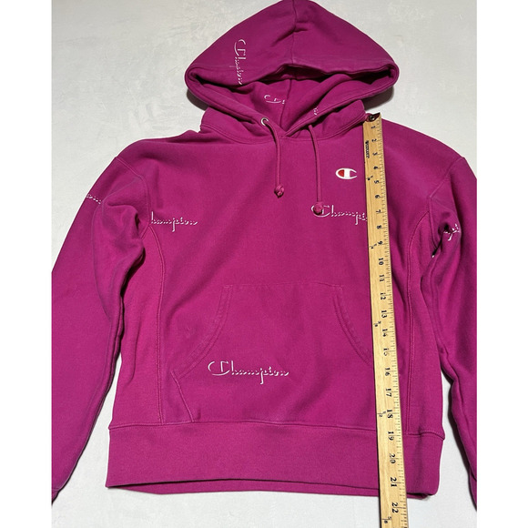 Champion Reverse Weave Hoodie Womens Small Pink Purple Spellout Logo Sweatshirt - Picture 9 of 12